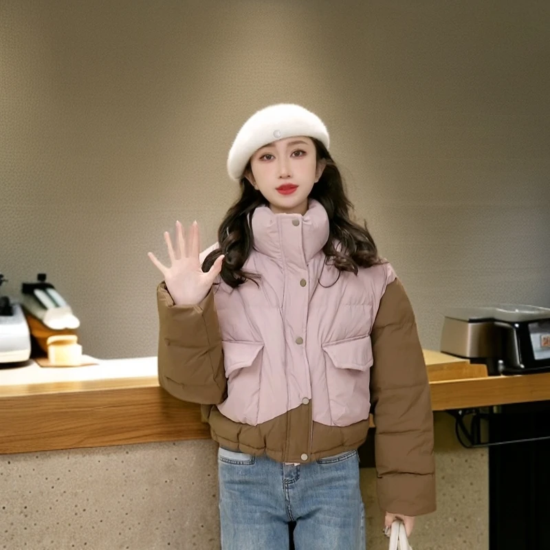 魅喻2024冬季新款立领鸭绒羽绒服女拼接短面包服短款