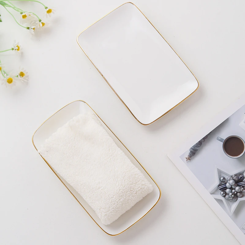 陶瓷毛巾碟酒店餐厅金边香皂碟子椭圆长方形毛巾托湿巾盘装毛巾盘