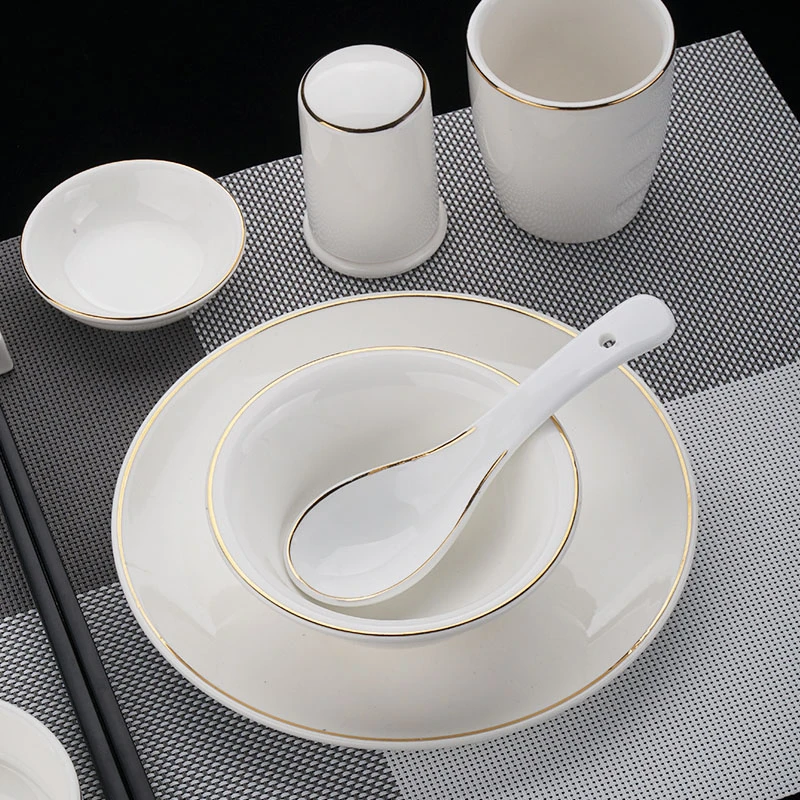 手工描金酒店会所金边摆台餐具新中式陶瓷盘碗骨碟套装碗盘套装