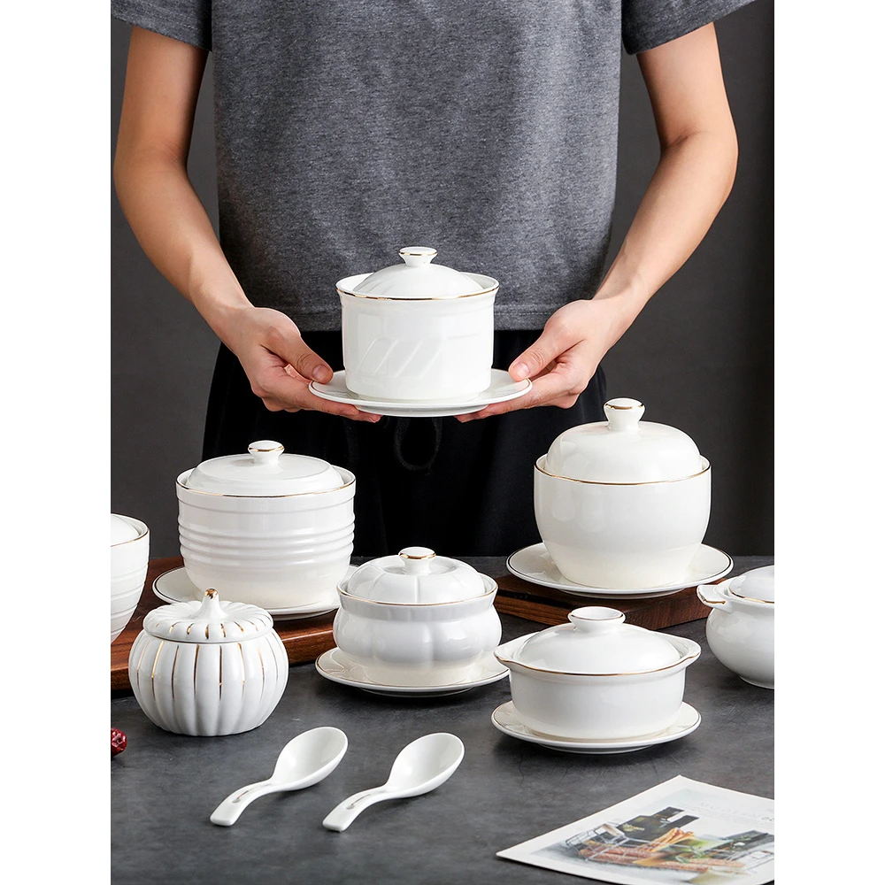 陶瓷隔水炖盅燕窝碗酒店商用炖煲中式带盖汤盅金边甜品蒸蛋盅直销