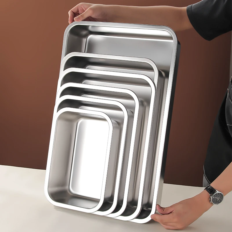 304不锈钢方盆长方形平底托盘份数盆加深蒸饭盘自助餐打菜盆商用