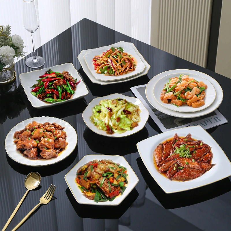 金边餐厅盘子菜盘陶瓷家用鱼盘冷菜盘热菜盘异形不规则方盘圆汤盘