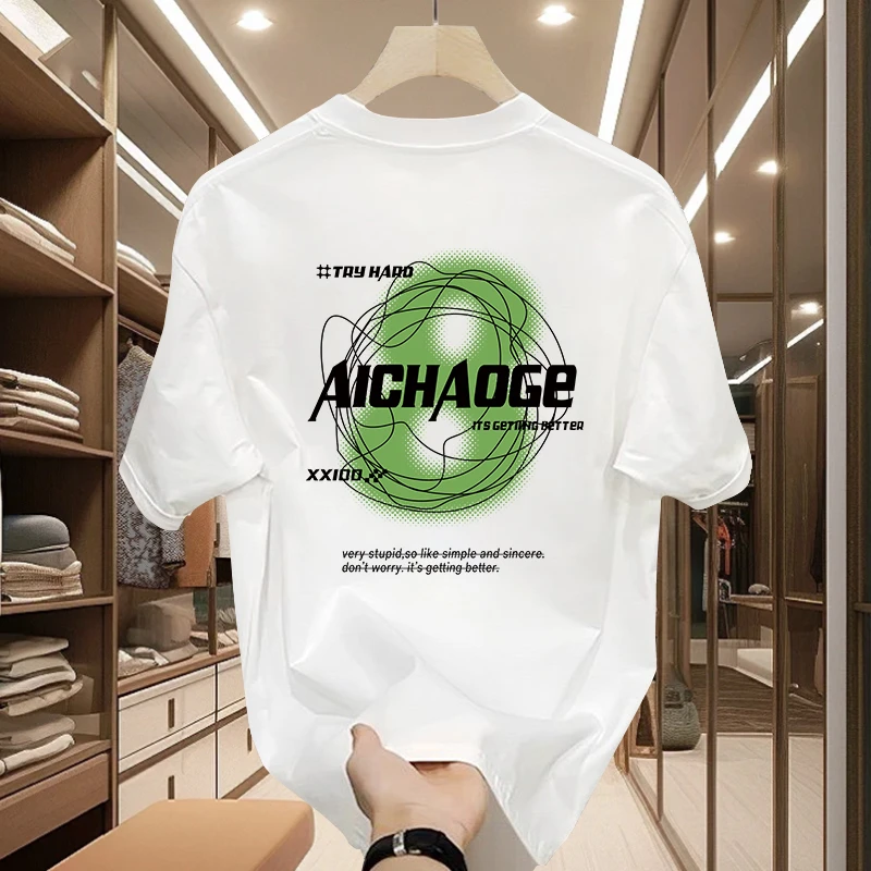 【品质男装】潮流白色ins个性印花短袖t恤男士夏季宽松百搭上衣