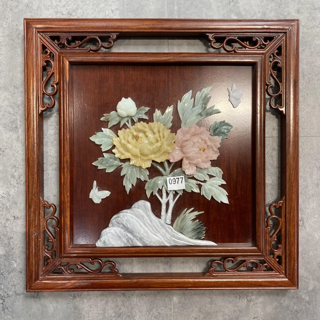 60*60花开富贵方型（0977）实木双框玉雕画天然玉石中式品牌展示