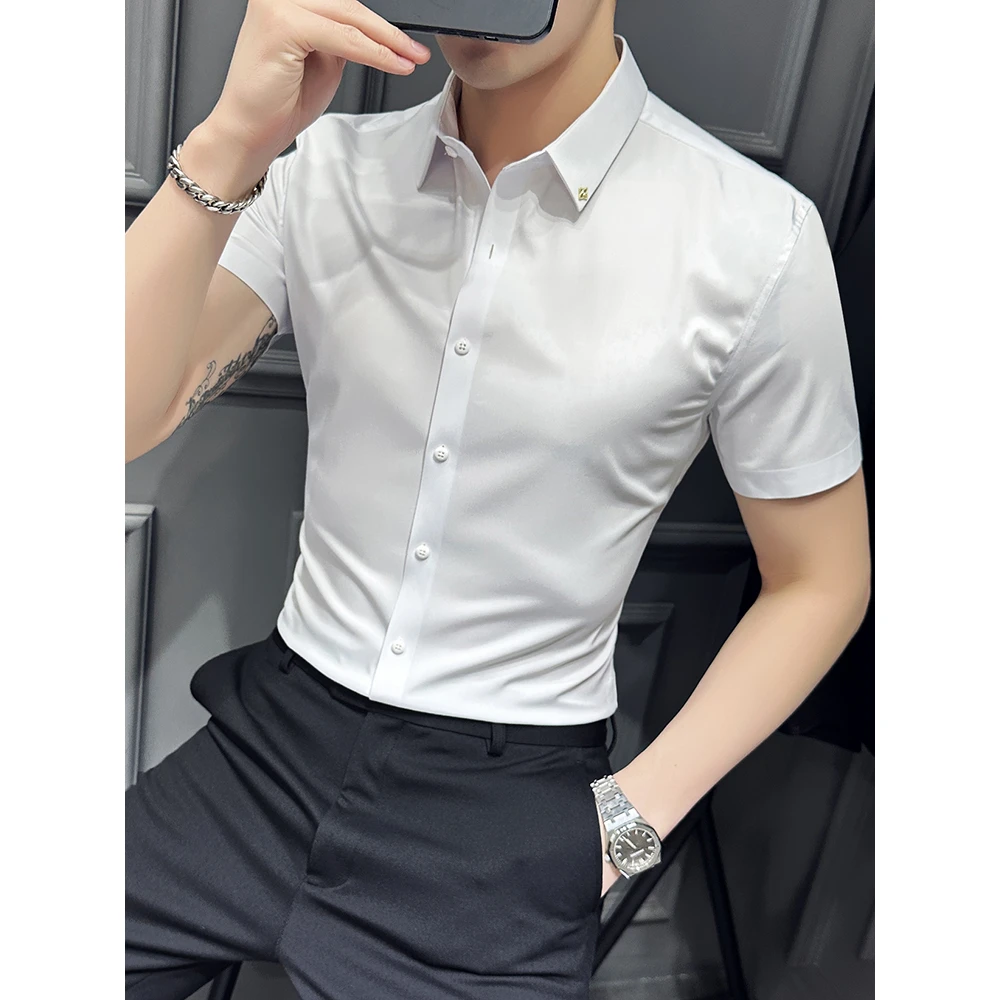 冰丝衬衫男士短袖夏季薄款商务高端男装寸衣痞帅高级感修身白衬衣