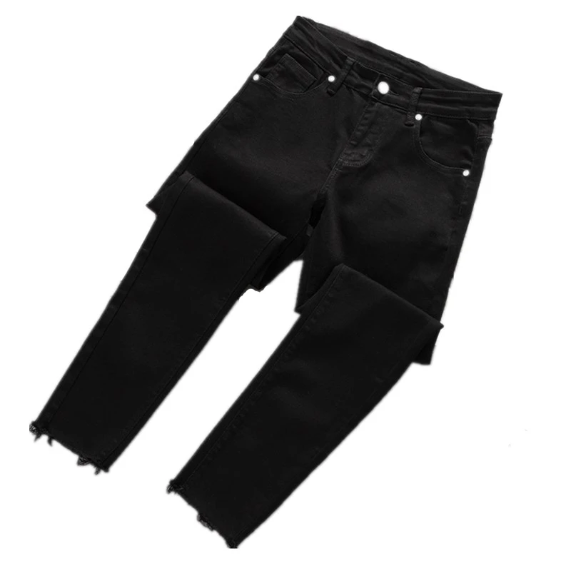 潮牌毛边牛仔裤男2025春秋破洞黑色修身弹力小脚裤休闲百搭九分裤