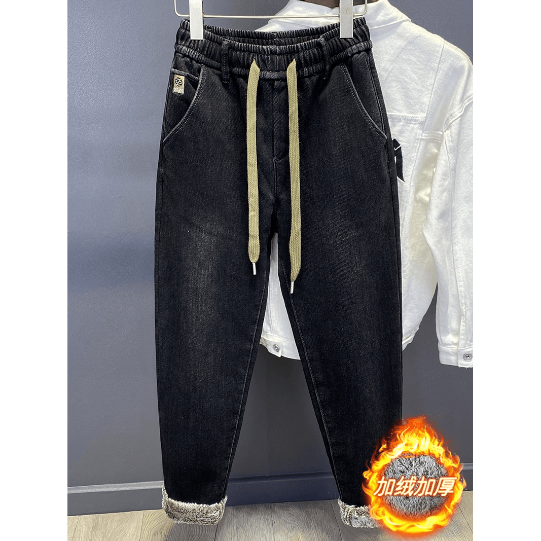 潮牌冬季加绒男牛仔裤子大码长绒保暖松紧腰黑色宽松直筒休闲长裤