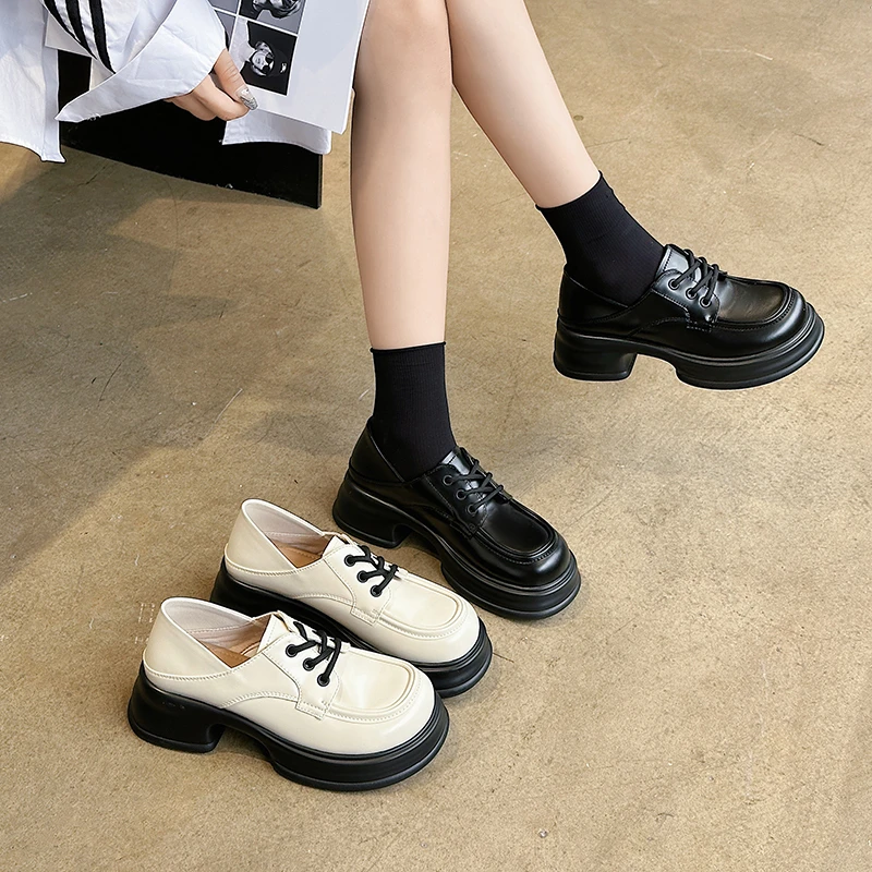 英伦风小皮鞋女秋2023年新款圆头粗跟单鞋厚底百搭系带舒适乐福鞋