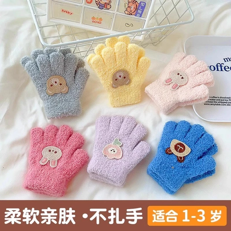 防寒儿童手套1-3岁秋冬加厚针织宝宝卡通保暖五指婴幼儿加绒手套