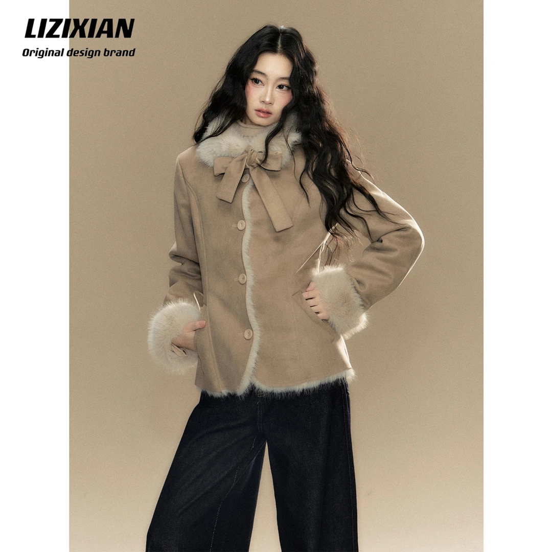 LIZIXIAN李梓仙原创设计蝴蝶结撞色皮毛一体短款法式秋冬外套