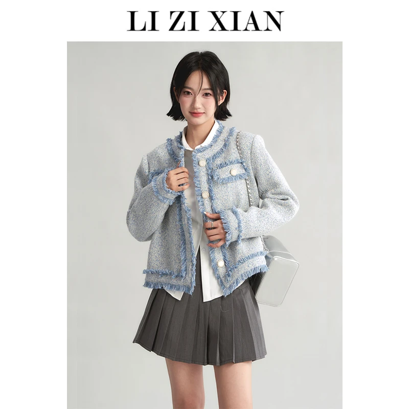 新品毛呢秋冬蓝色时尚气质毛边小香风短款外套