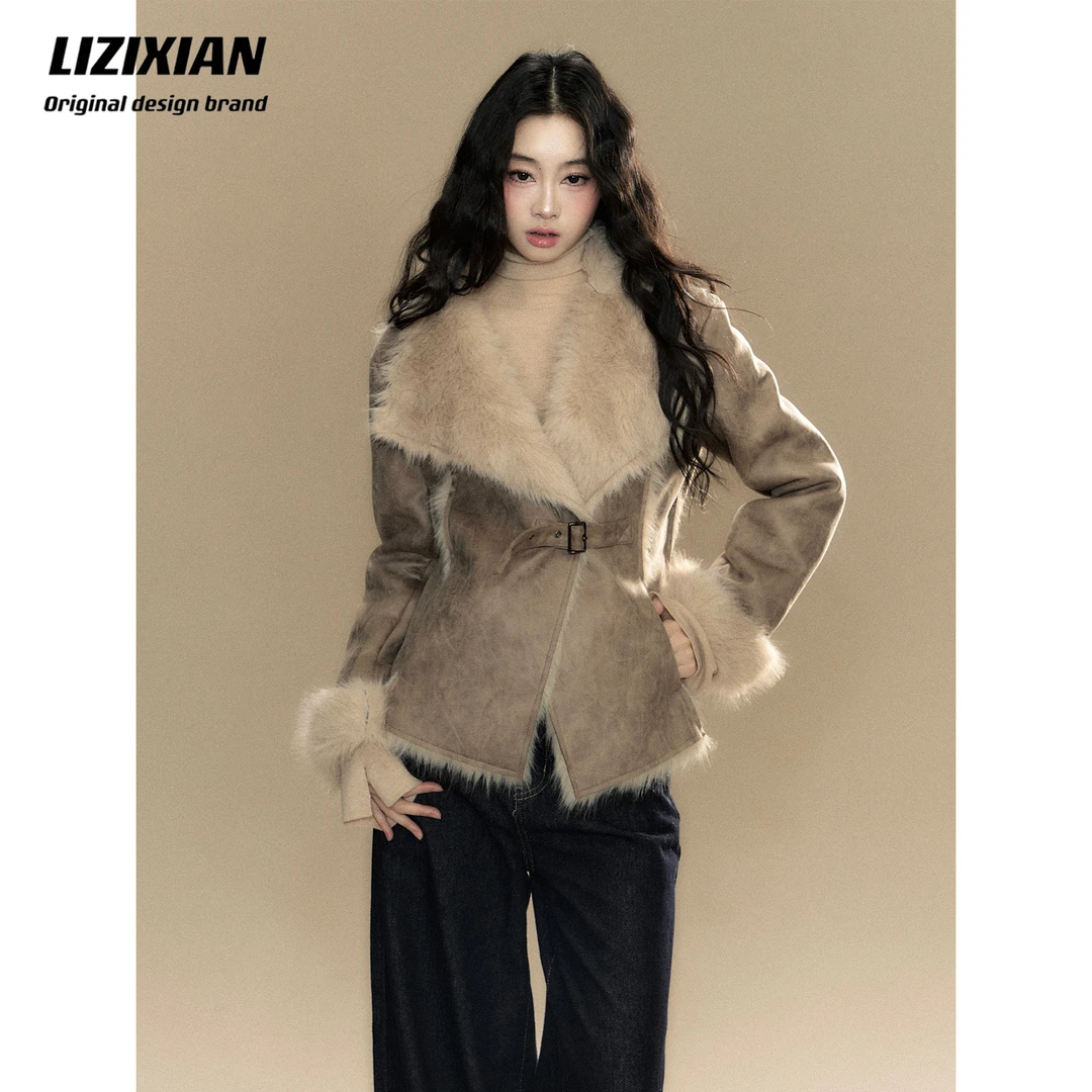 LIZIXIAN李梓仙原创设计辣妹收腰染尖毛皮毛一体短款秋冬外套