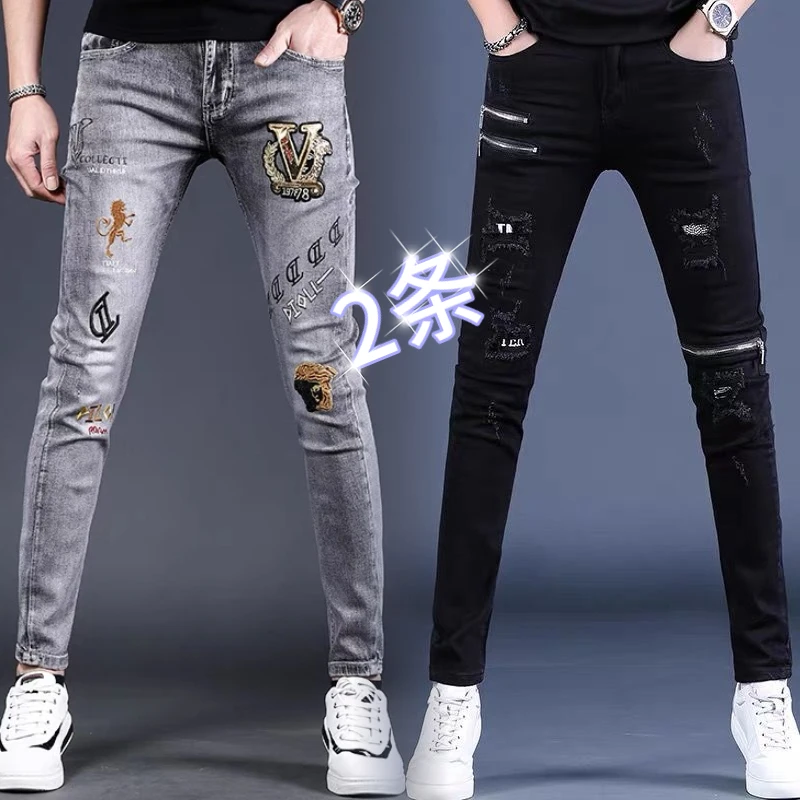 2023年新款潮牌弹力牛仔裤男士刺绣修身小脚百搭韩版印花长裤子男