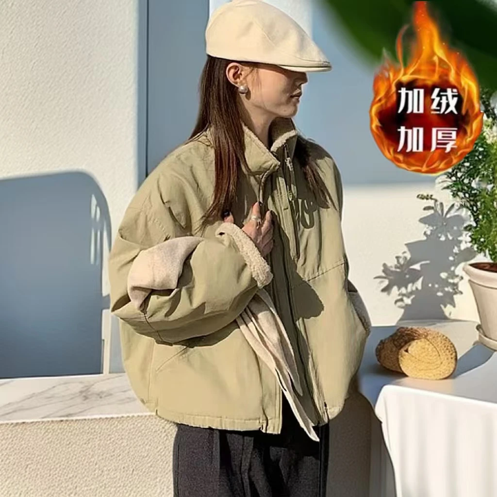 羊羔毛短款派克服女小个子2024冬季韩版潮休闲宽松棉服短外套091