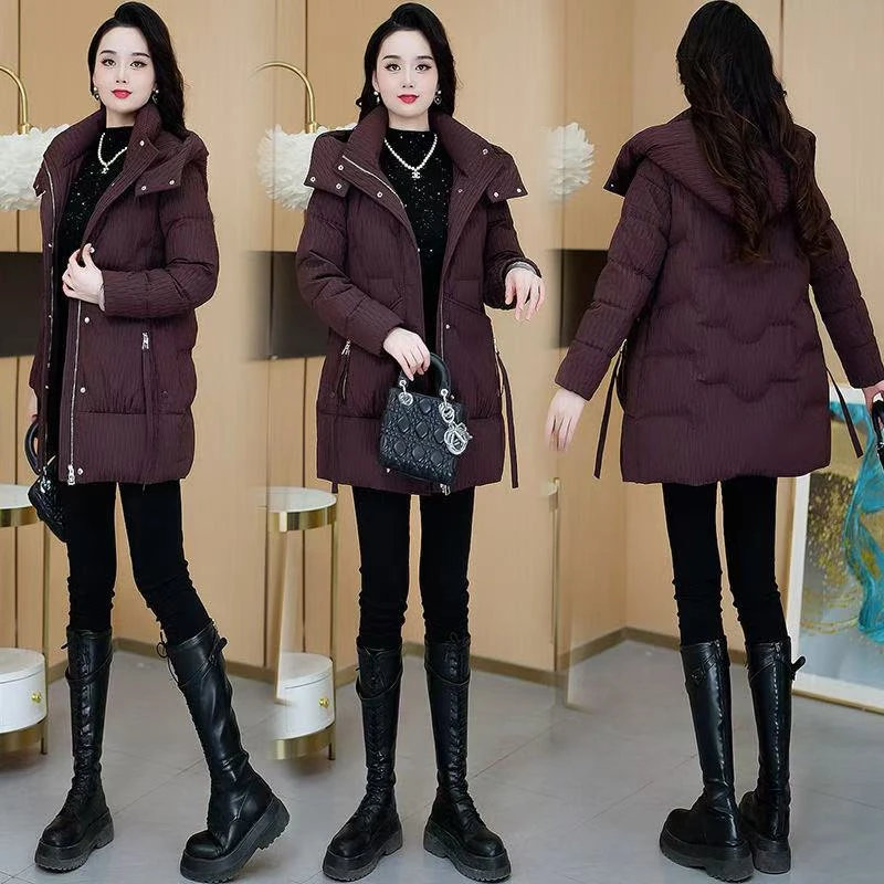 时尚休闲连帽羽绒棉服女2024冬季新款女士中长款连帽加厚保暖棉袄