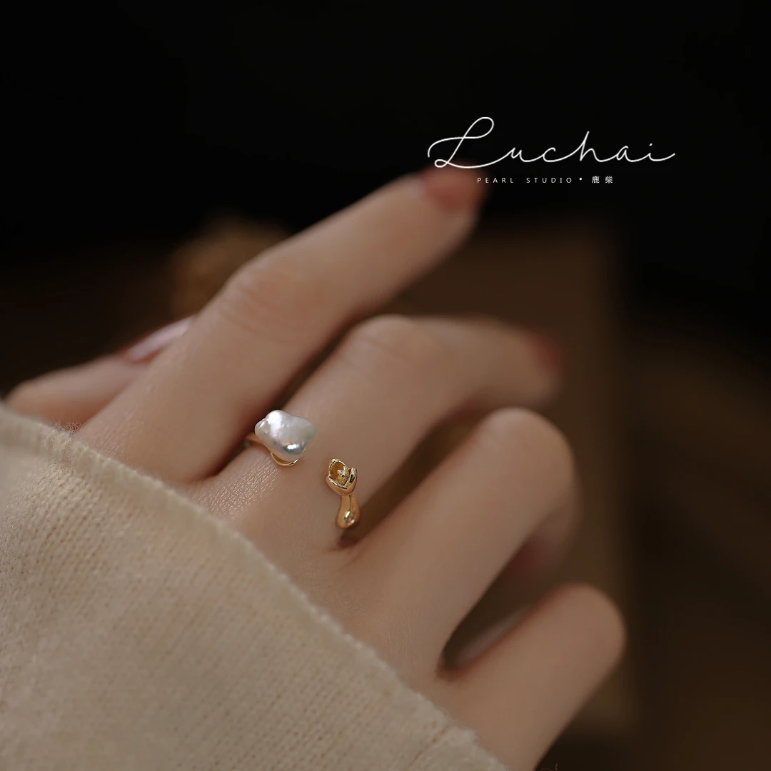 天然淡水巴洛克珍珠戒指女小众设计轻奢高级感简约冷淡风开口戒