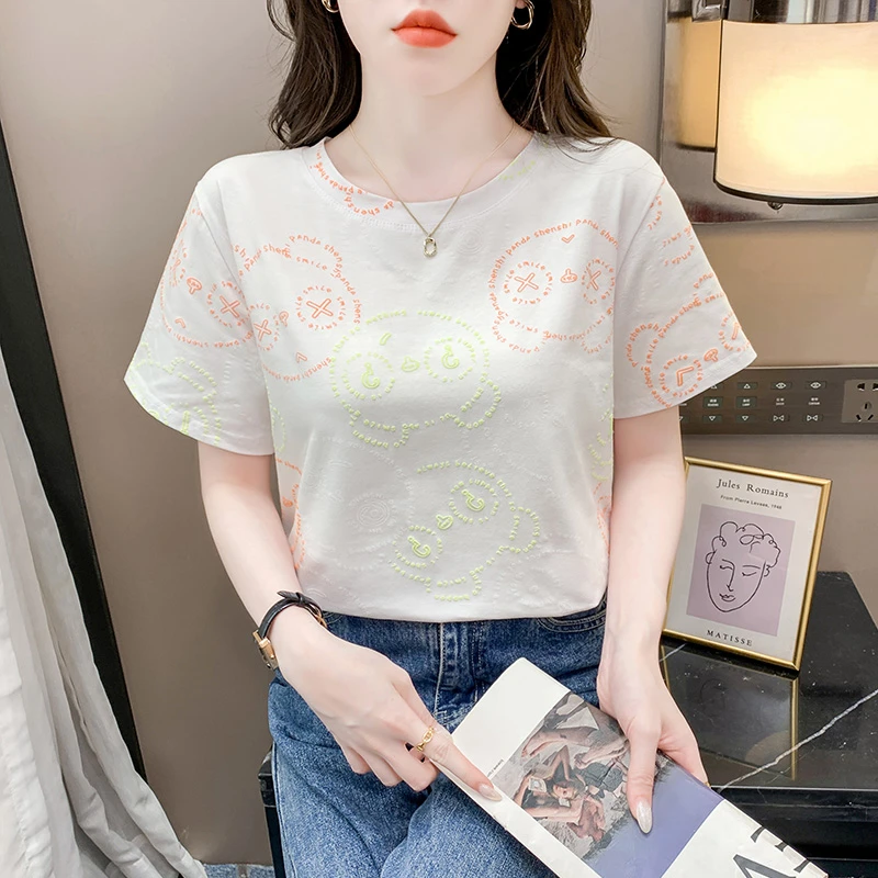 学生短袖宽松t恤2024夏季女装时尚新款印花设计感通勤体恤上衣