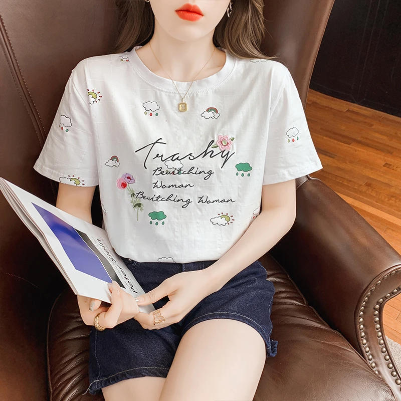 2025夏季新款韩版时尚流行印花棉质圆领套头T恤个性显瘦百搭上衣