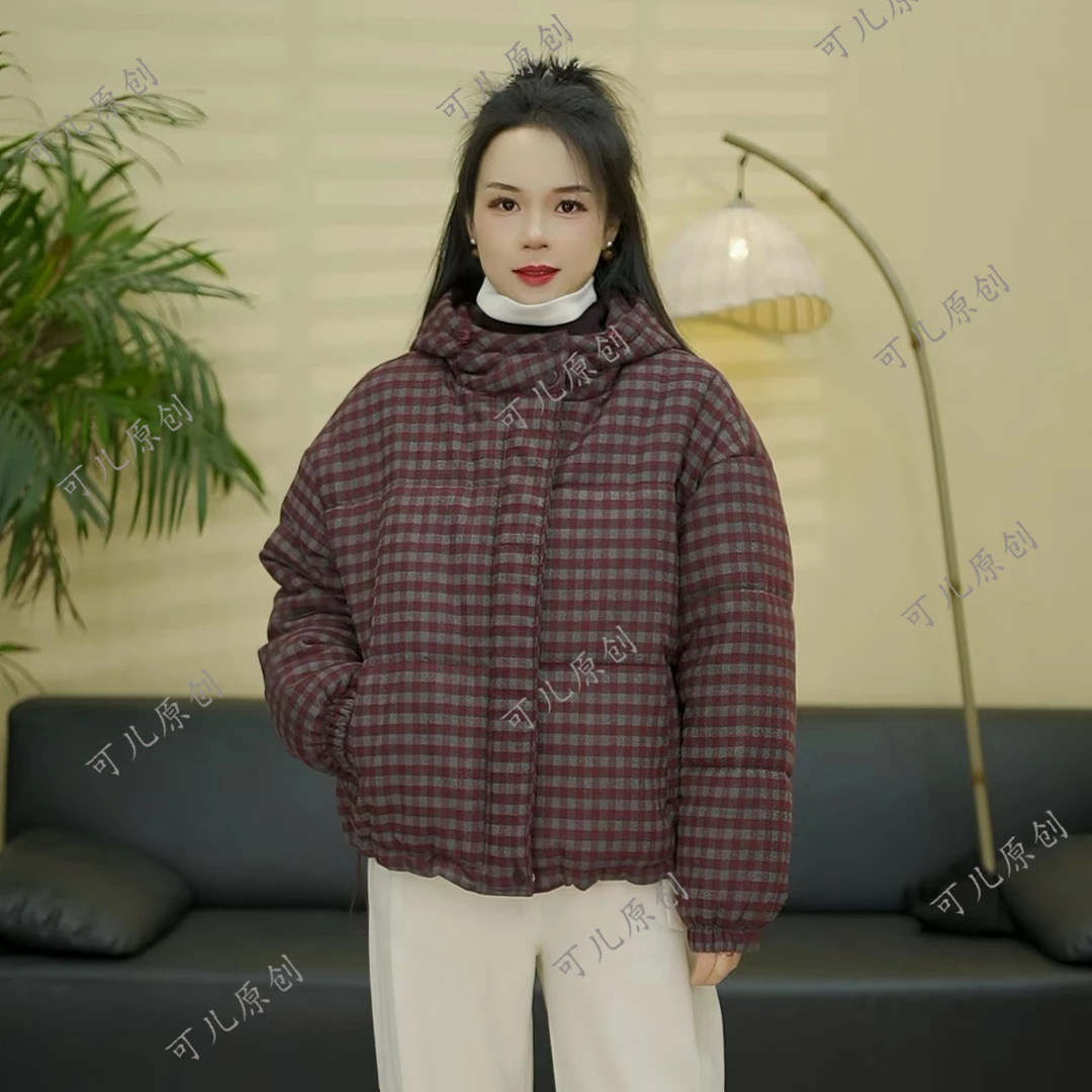 冬季新款保暖格子款连帽夹棉加厚休闲百搭时尚女士棉服外套