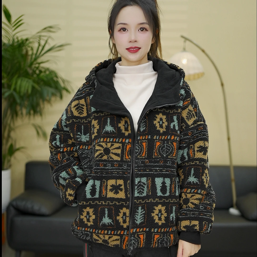 2024新款颗粒绒厚款外套复古风双面穿保暖百搭女士棉衣外套