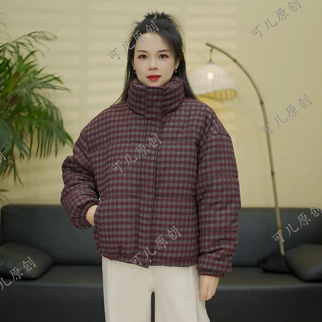 冬季新款韩版百搭休闲加厚复古立领格子夹棉保暖女士棉服