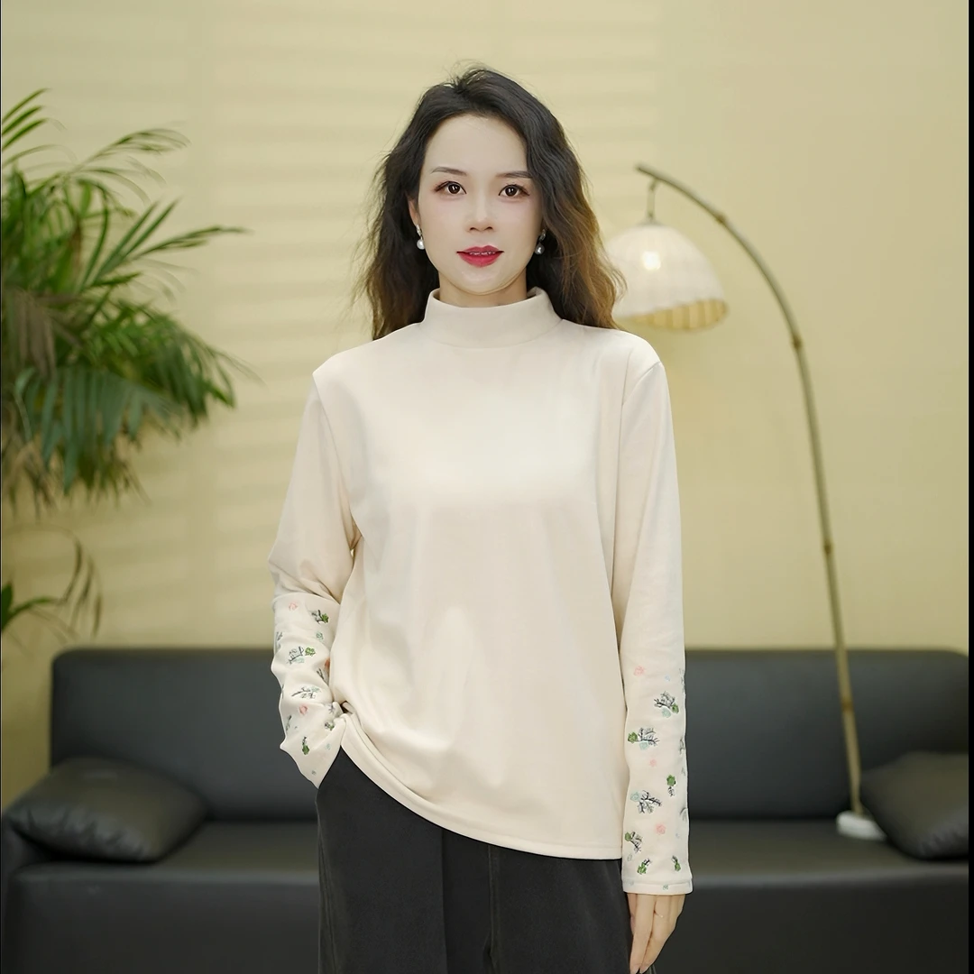 秋冬新款双面绒打底衫刺绣小花针织时尚宽松百搭长袖