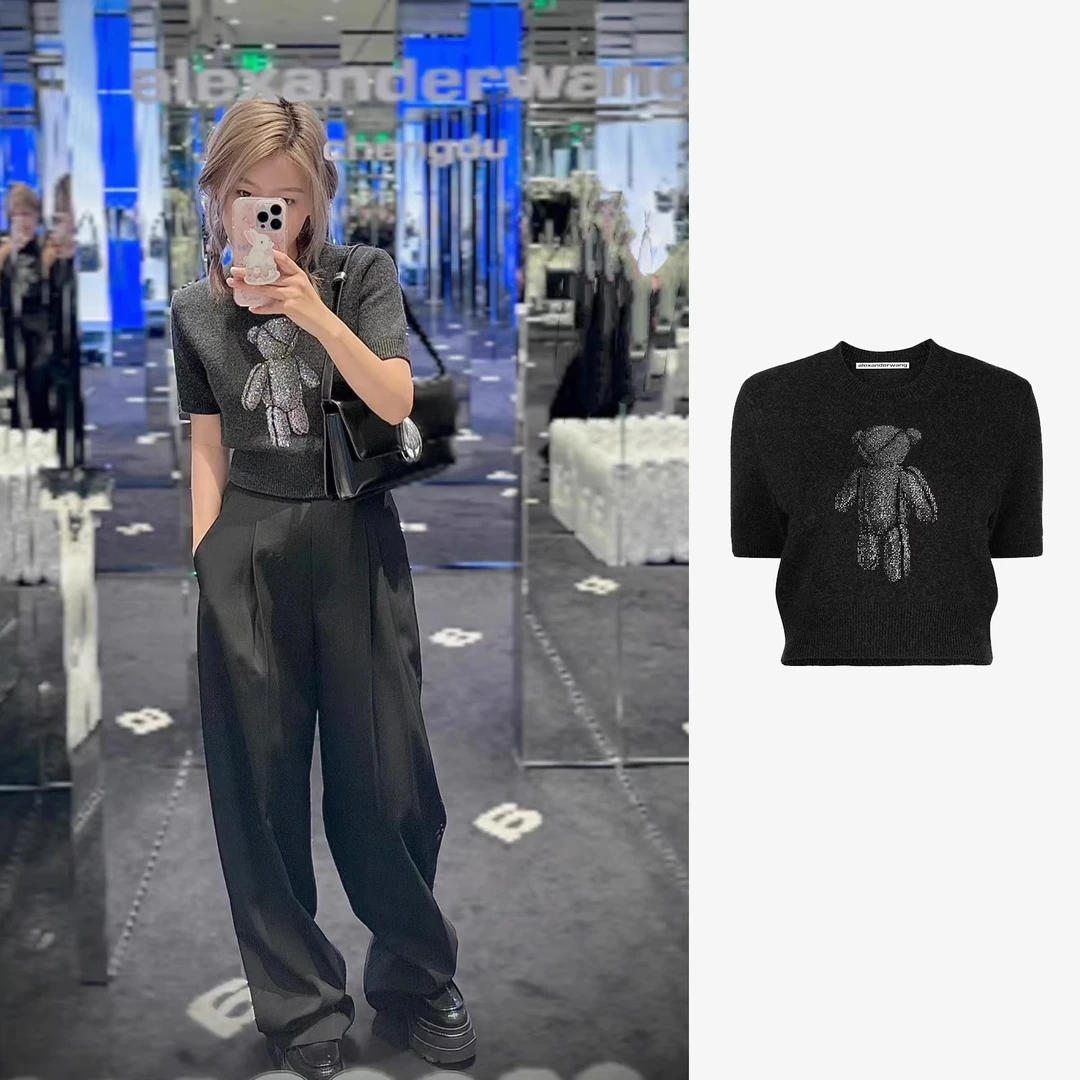 全新未使用  ALEXANDER WANG 水钻小熊短袖针织衫 1KC4231009-063