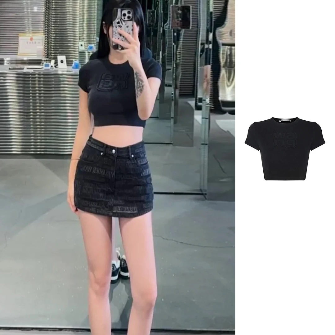 全新未使用  ALEXANDER WANG 黑色做旧螺纹贴布WANGZ字短款T恤