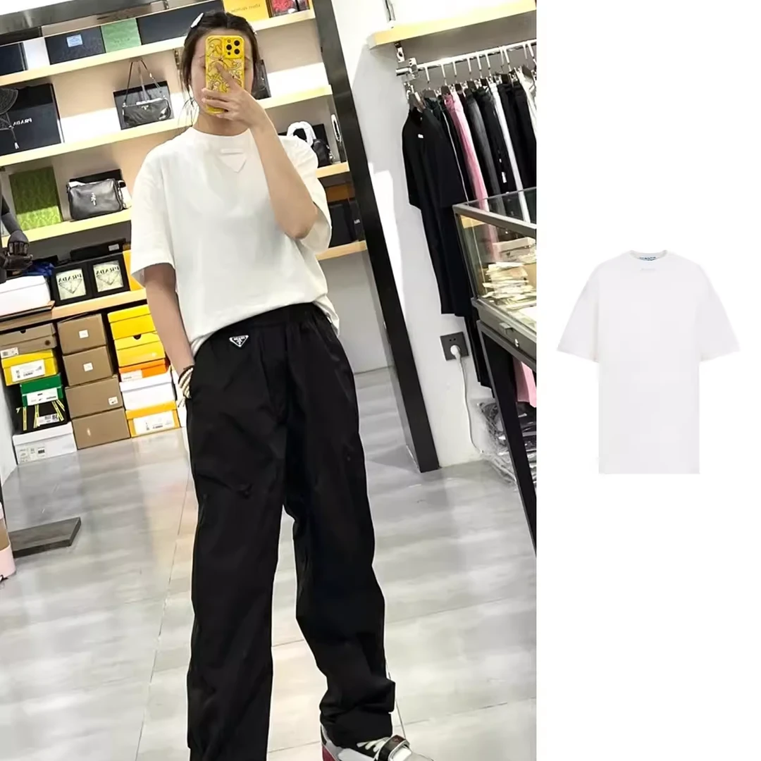 全新未使用 Prada/普拉达 白色倒三角标圆领T恤 3558A-12ZB-F0018