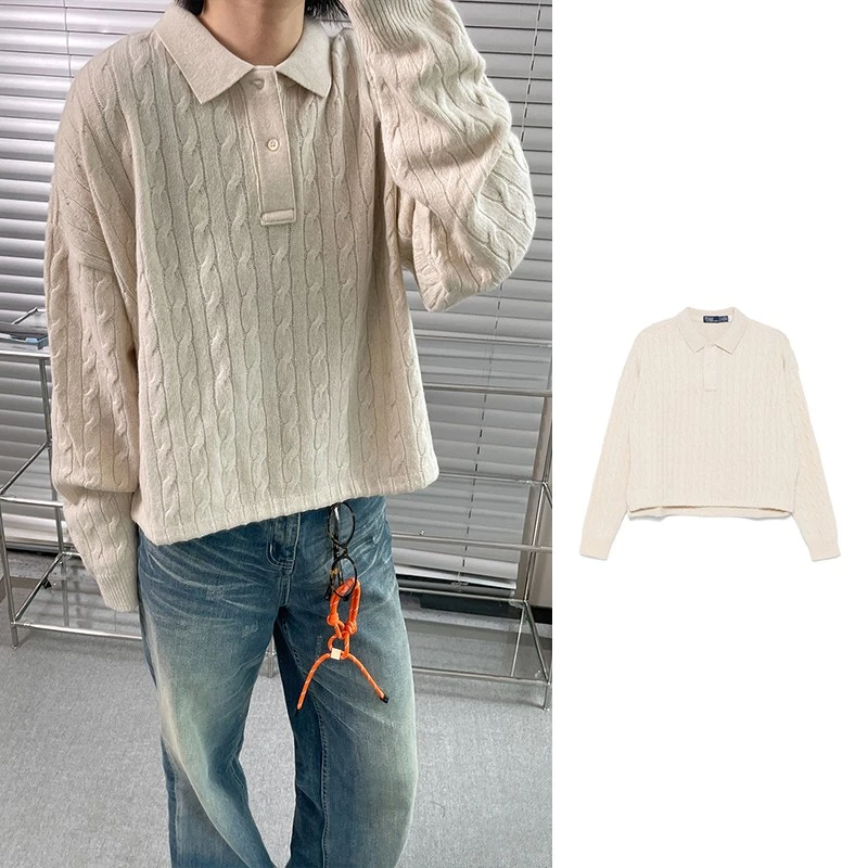 未使用 Ralph Lauren/拉夫劳伦 米色粗绞花长袖针织POLO衫