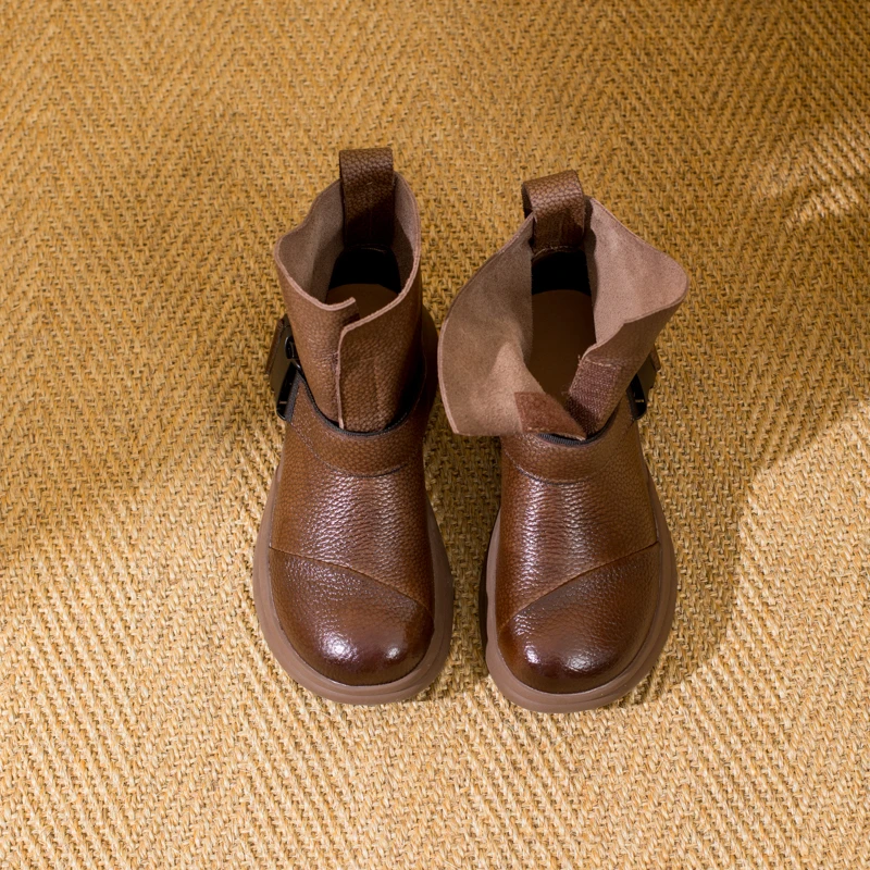 厚底短靴女秋冬新款真皮马丁靴软底舒适保暖休闲复古单靴平底加绒