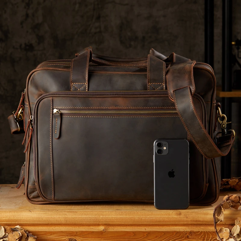 手工复古疯牛皮手提包大容量电脑包男士单肩斜挎包真皮商务公文包