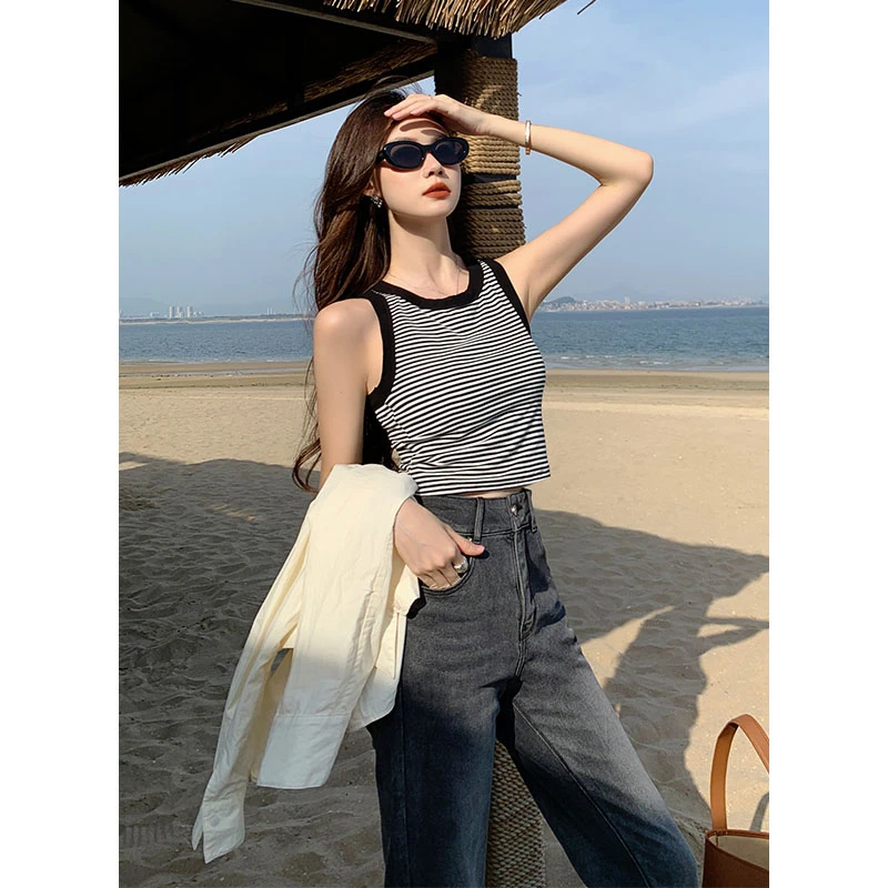 【现货】美洋MEIYANG练习册背心带胸垫~撞色条纹修身内搭 针织 外穿