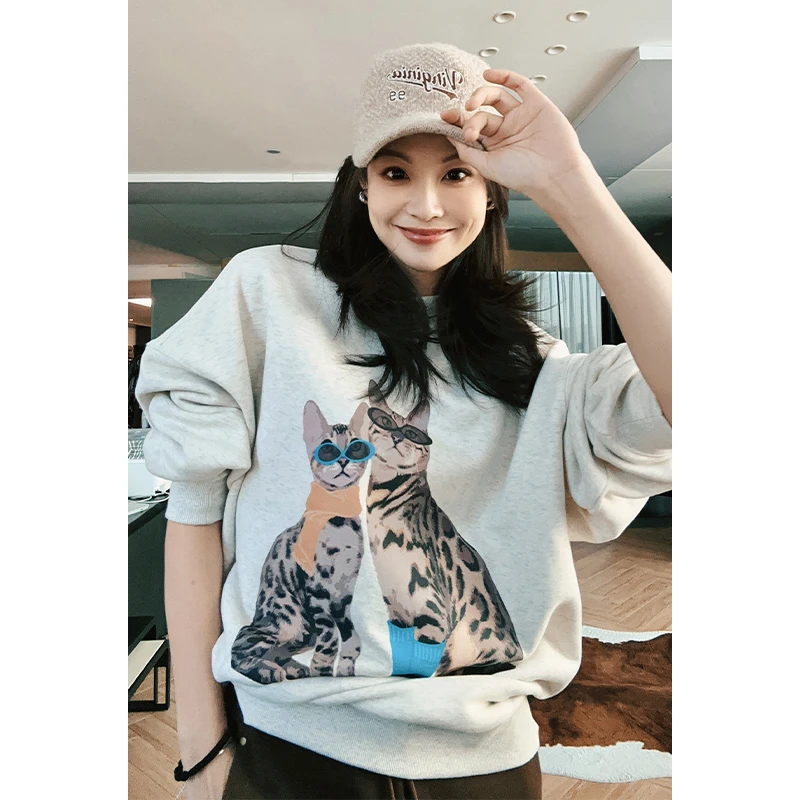 【现货】美洋MEIYANG豹猫卫衣雪花磨毛|酷飒动物印花圆领休闲外套