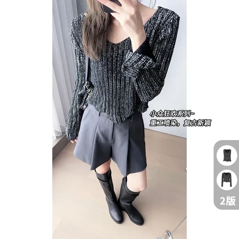 美洋MEIYANG黑芝麻针织衫花瓣下摆坑条短款无袖/长袖上衣