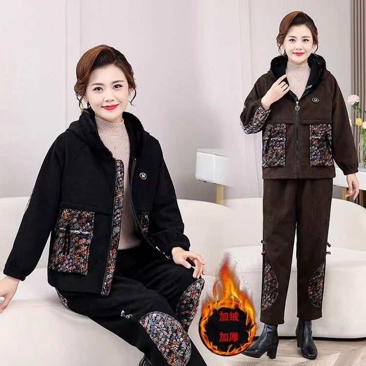【加绒加厚】妈妈秋冬套装名族风两件套洋气中老年女装国风外套1750