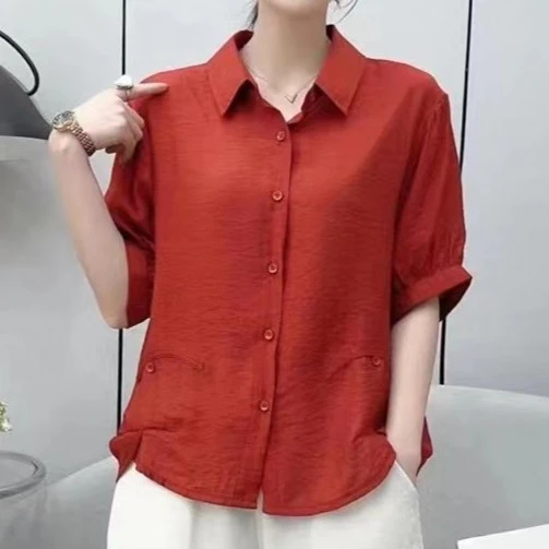 夏季新款时尚中年女装百搭短袖遮肚大码显瘦衬衣薄款气质妈妈装