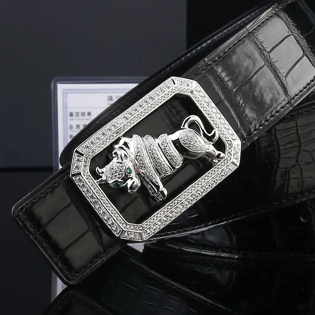 史蒂芬豹头鹰头真鳄鱼皮男士皮带925银十二生肖牛头扣高档裤腰带