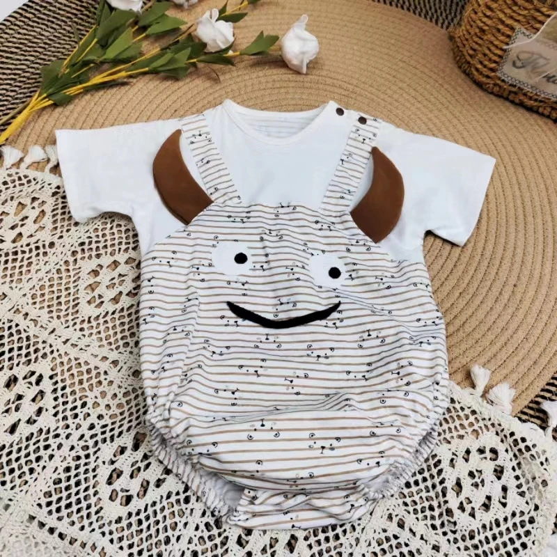 可爱小怪兽包屁衣哈衣婴幼童短袖时尚洋气清爽舒适夏款条纹