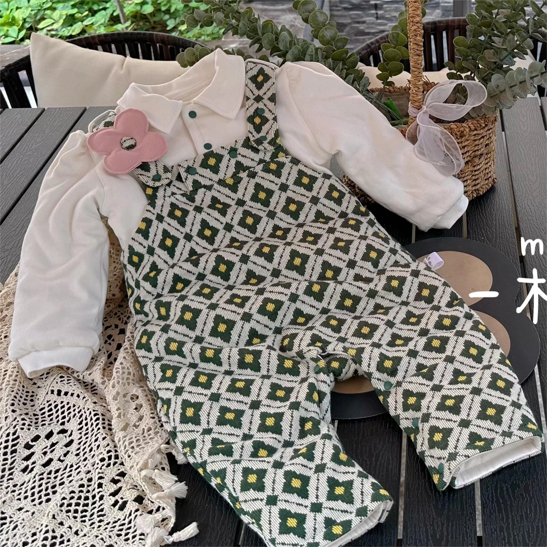 针织英伦风200g手工棉花衣婴幼儿洋气复古高定满印老花拼接保暖