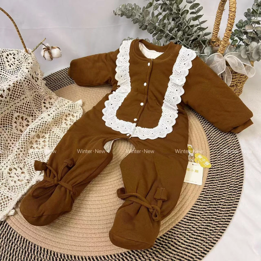 羊驼色花边300克婴儿款连体棉花衣咖色女童儿童娃娃领韩版