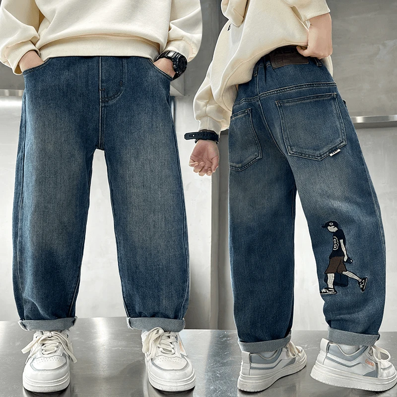 铅笔魔法2024男童秋季韩版大童牛仔裤儿童宽松休闲裤刺绣牛仔