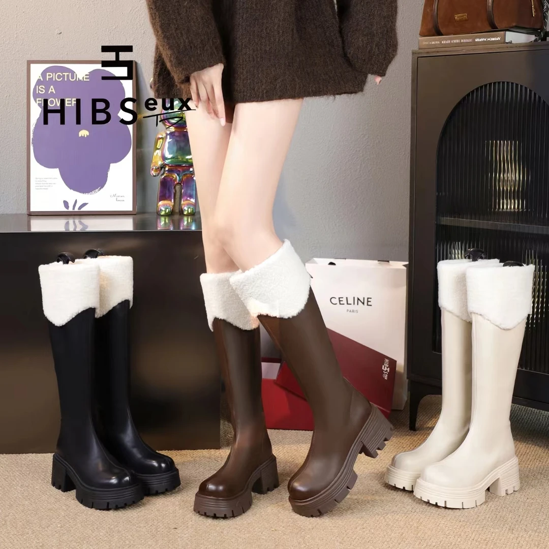 Hibseux/槿奢法式小众不过膝长靴2024新款厚底增高显瘦长靴23798