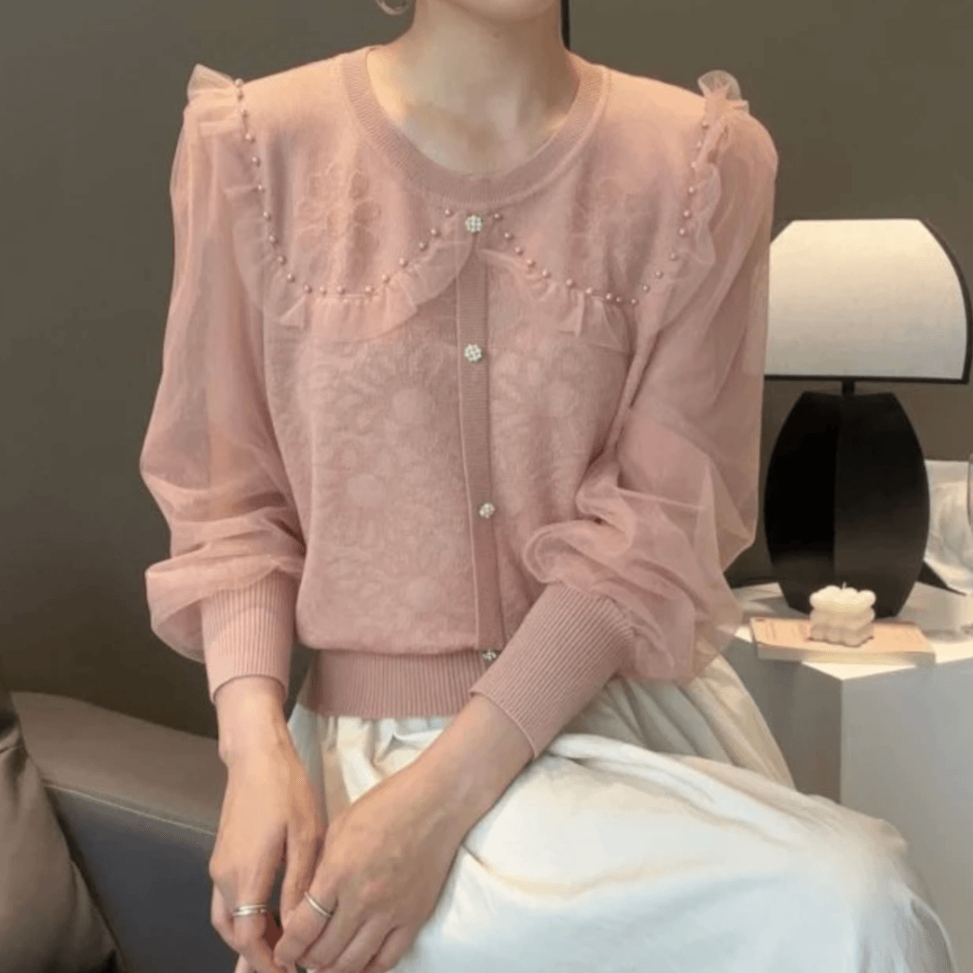 【定制大码女装80-200斤】钉珠气质温柔显瘦荷叶领假开衫上衣1757