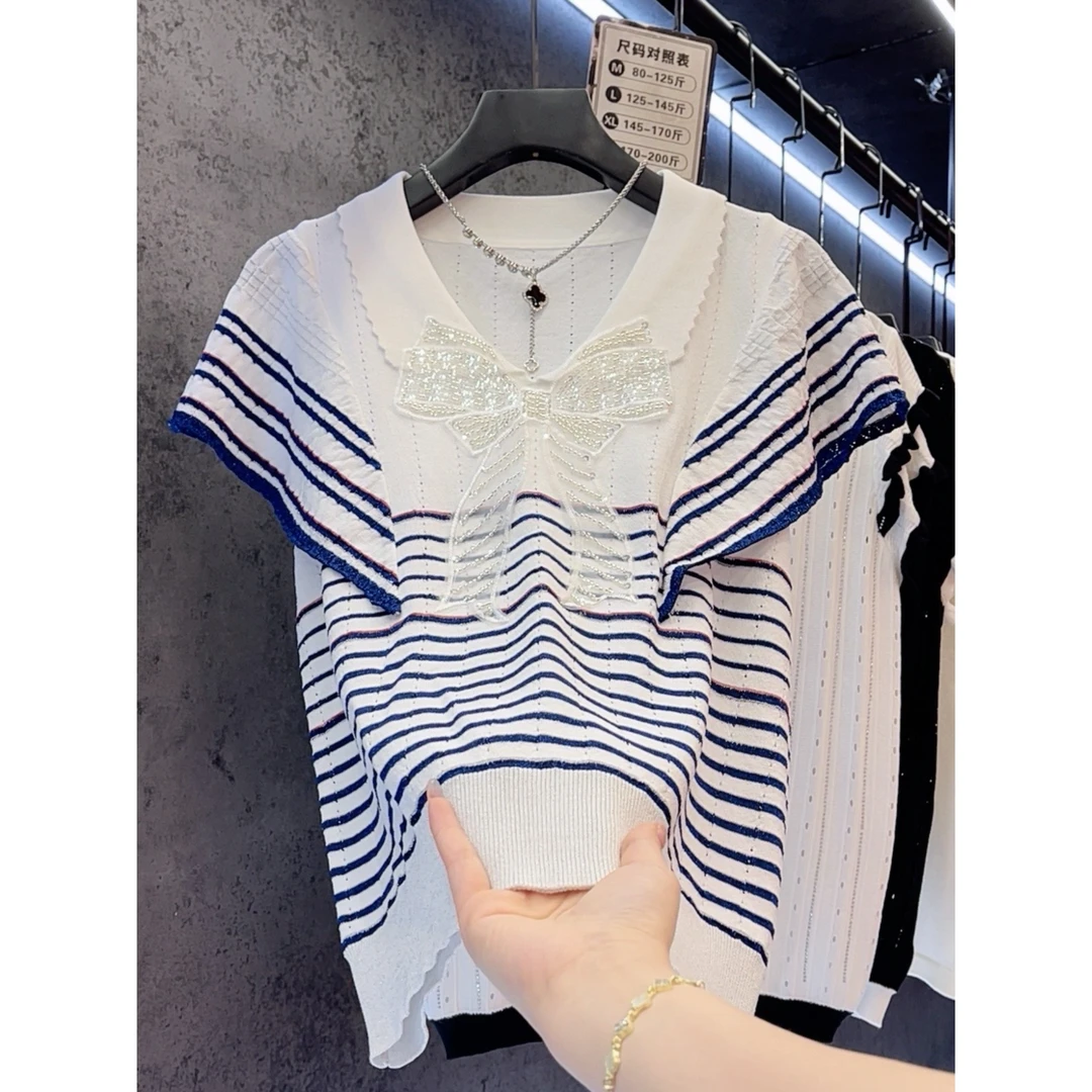 【定制大码女装80-200斤】显瘦时尚气质蝴蝶结百搭条纹上衣女1960