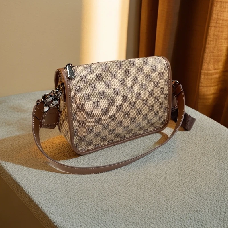 2025新款棋盘格单肩斜挎包时尚百搭多隔层大容量休闲女士腋下包