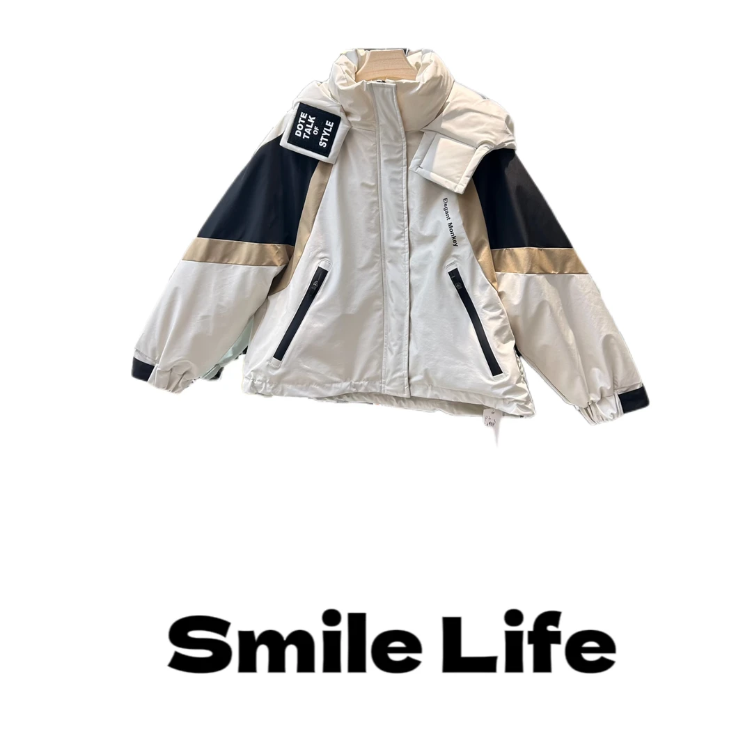 D030-设计师款-女士短款羽绒服户外休闲加绒冲锋衣款羽绒服-米色