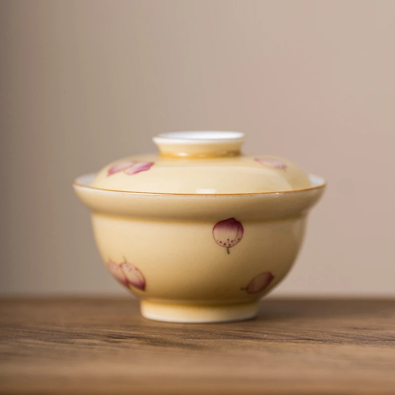茶诵娇黄色釉桃之夭夭寿桃葫芦防烫盖碗景德镇珐琅彩茶具120ml