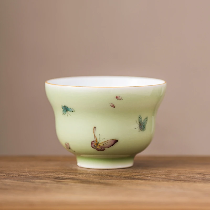 茶诵苹果绿粉彩葫芦主人杯 景德镇粗陶主人杯单杯家用手工 品茗杯