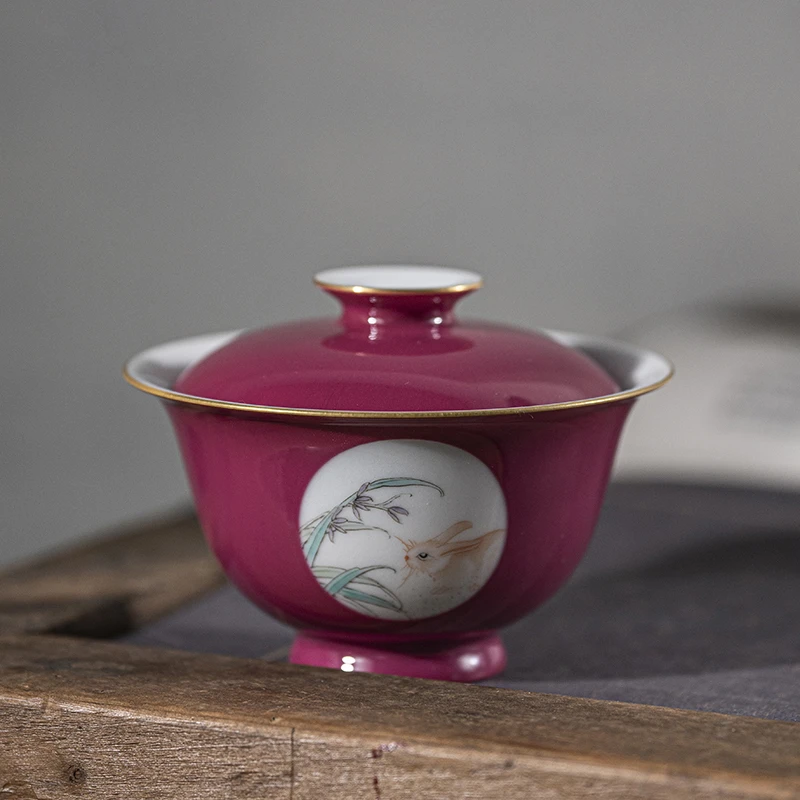 【清瑶专属】赋山堂胭脂红玉兔盖碗
